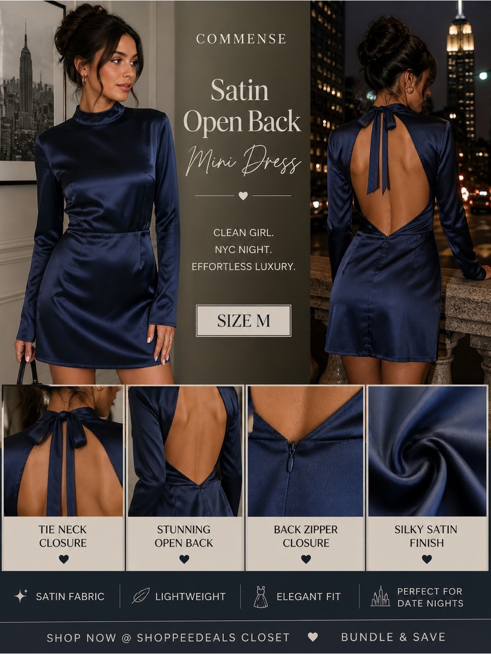 Commense Satin Open Back Tie Neck Mini Dress – Navy Blue NWT